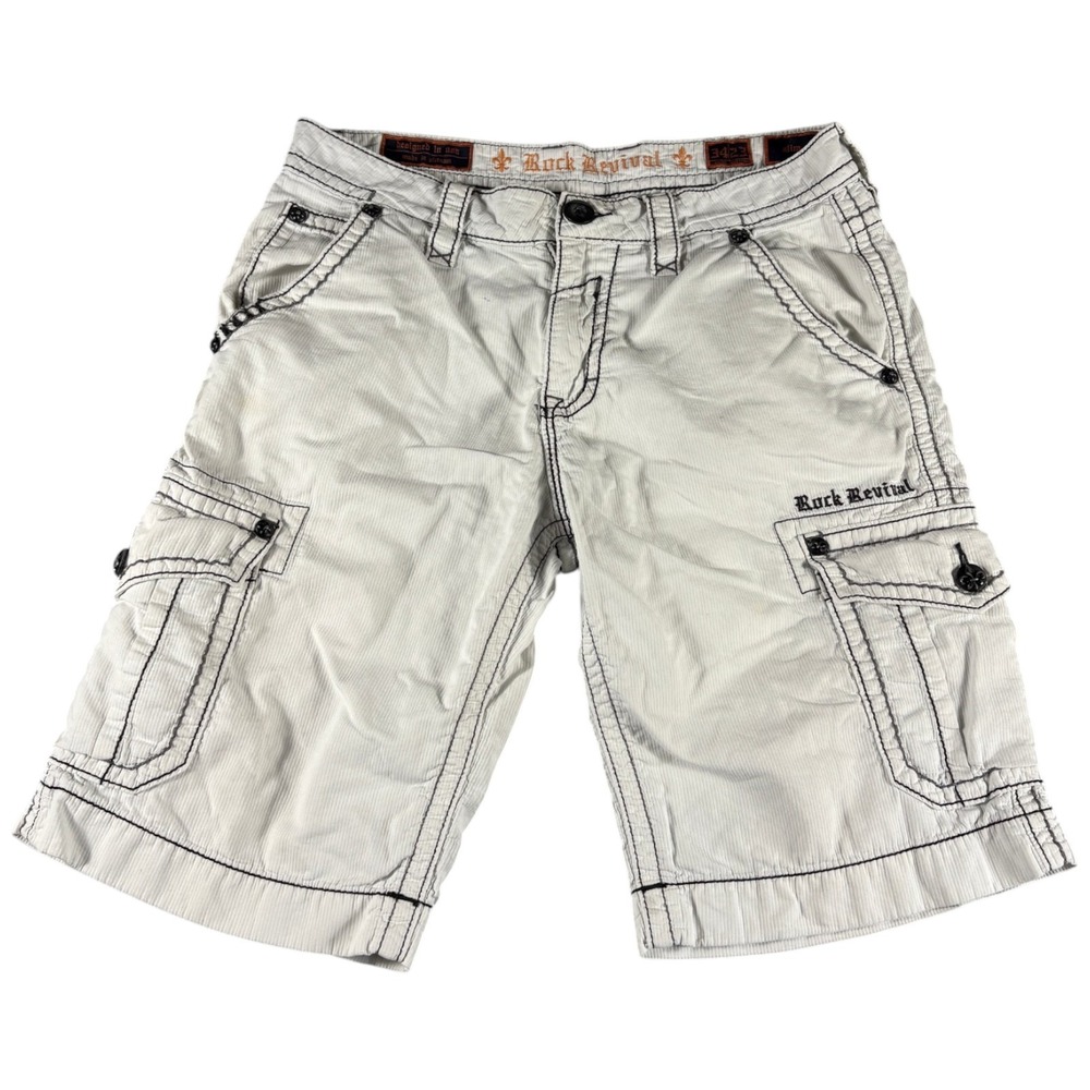 Rock Revival Cargo Shorts Mens 34 White Buckle Y2K Relaxed Durable Streetwear